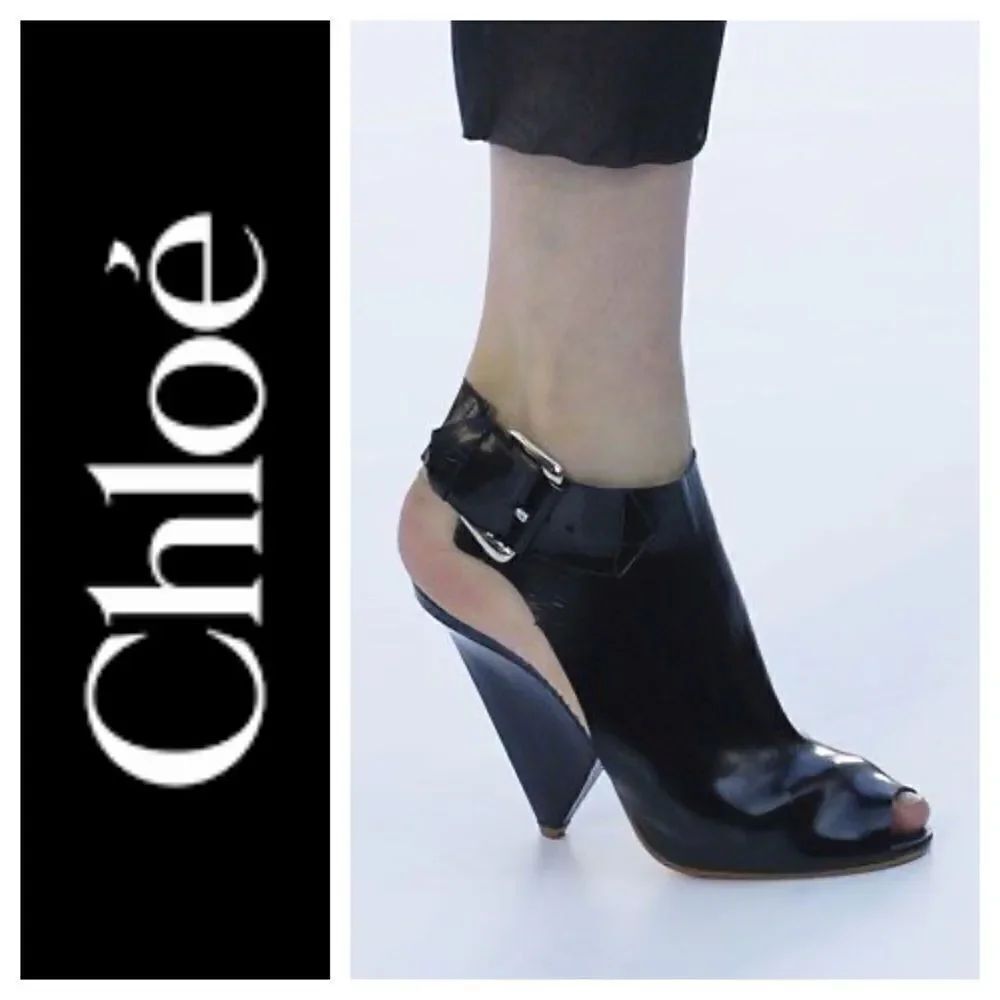 Chloe Black Patent Leather Peep-Toe Buckle Accent Heels